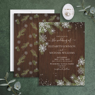 Rustic Winter Silver Snowflake Wood Gräs Bröllop Inbjudningar