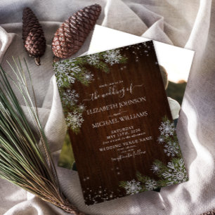 Rustic Winter Silver Snowflake Wood Photo Bröllop Inbjudningar