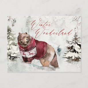 Rustic Winter Snö Scene med Vild Bear Vykort
