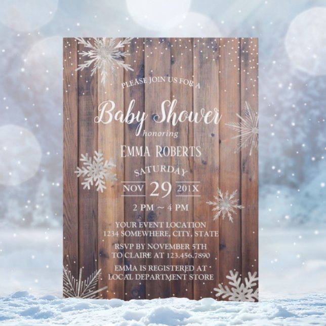Rustic Winter Snöflingor Barn Wood Baby Shower Inbjudningar (Skapare uppladdad)