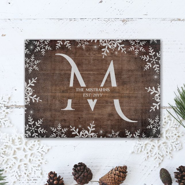 Rustic Winter Snöflingor Monogram Faux Wood (Skapare uppladdad)