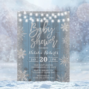 Rustic Winter Snowflake Dusty Blue Baby Shower Inbjudningar