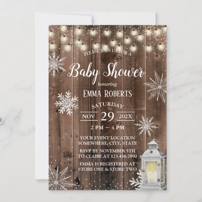 Rustic Winter Snowflake Lantern Baby Shower Inbjudningar (Framsida)