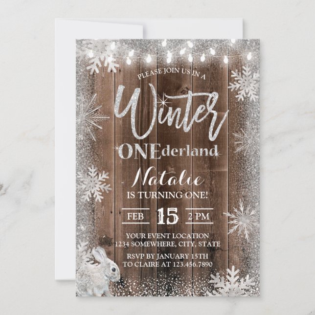 Rustic Winter Snowflake ONEderland Rabbit Birthday Inbjudningar (Framsida)