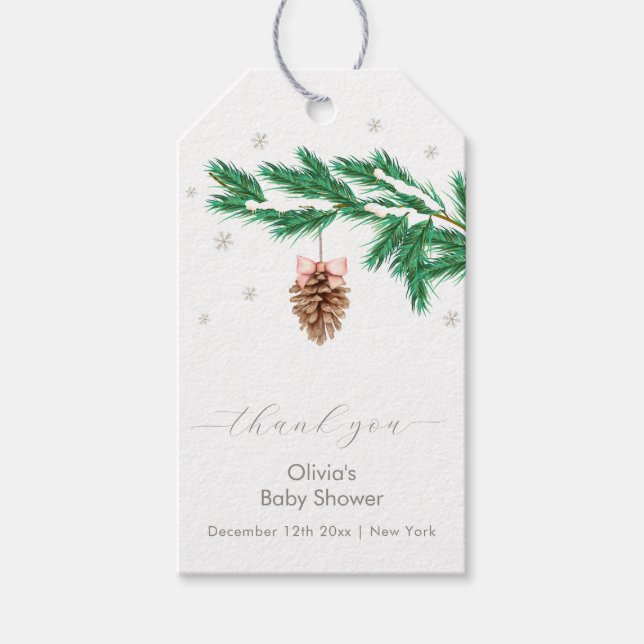Rustic Winter Snowflake Pine cone Baby Shower Presentetikett (Framsidan)
