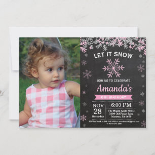 Rustic Winter Snowflake Rosa Silver Girl Birthday Inbjudningar