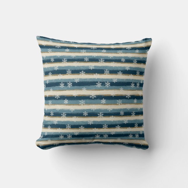 Rustic Winter Snowflakes Blue Gold Painted Stripes Kudde (Framsida)