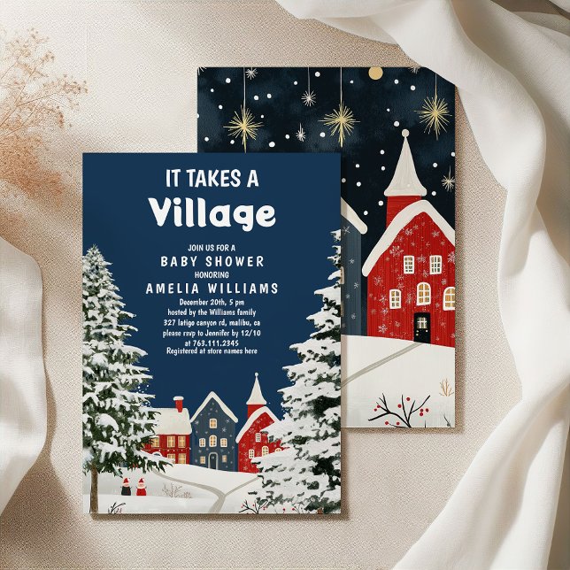 Rustic Winter Village Baby Shower Snowy Trees Navy Inbjudningar (Skapare uppladdad)