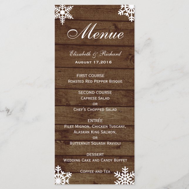 Rustic Winter Wedding Barn Wood Snöflingor Menu Meny (Framsida)
