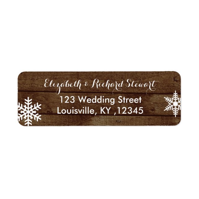 Rustic Winter Wedding Barn Wood Snöflingor Returadress Etikett (Framsidan)
