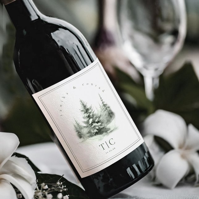 Rustic Winter Wedding Initialer Forest Grönt ID104 Vinflaska Etikett (Skapare uppladdad)