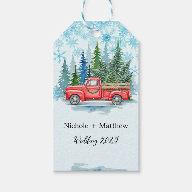 Rustic Winter Wedding Lastbil Favor Presentetikett (Framsidan)