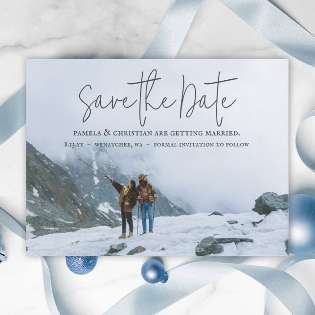 Rustic Winter Wedding Spara-the-Date Photo Postcar Vykort (simple wedding save the date card winter wedding elegant script calligraphy minimalistic photo card)
