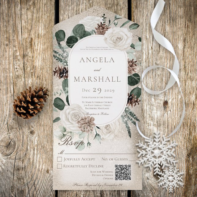 Rustic Winter White Blommigt Guld QR-kod (Skapare uppladdad)