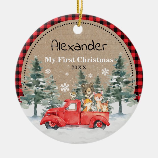 Rustic Winter Woodland Animals Baby 1:a jul Julgransprydnad Keramik (Framsidan)