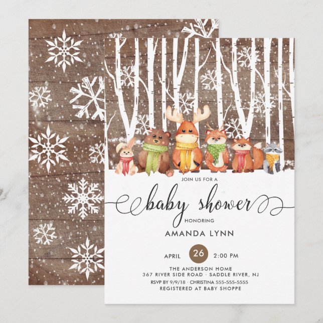 Rustic Winter Woodland Animals Baby Shower Inbjudningar (Fram/baksida)