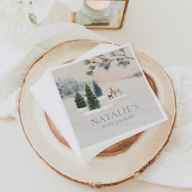 Rustic Winter Woodland Baby Shower Pappra Napkins Pappersservett (Elegant Personalized Winter Woodland Baby Shower Napkins)