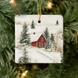 Rustic Winter Woodland Cabin jul Julgransprydnad Keramik