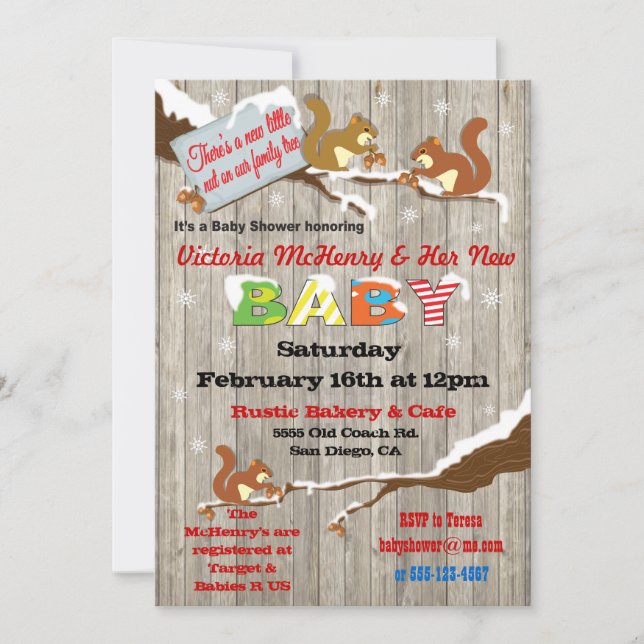Rustic Winter Woodland Squirrel Baby Shower Inbjudningar (Framsida)