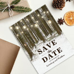 Rustic Winter Woodland Träd Spara datumet Meddelande Vykort<br><div class="desc">Rustic christmas wonderland sparar datumkorten med romantisk vinterskog, ljus med tvillinkle, hjärta i strunk av träd, initialer och en modern bröllop spara datum-mall. Om du vill ändra mallen ytterligare klickar du på knappen "Anpassa". All text stil, färg och alla storlekar kan ändras efter kostym. Du hittar andra matchande bröllop-objekt på...</div>