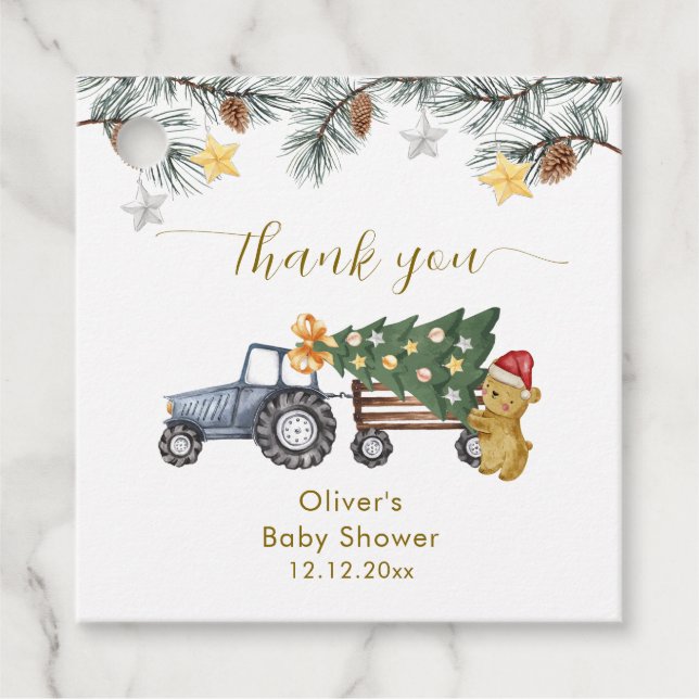 Rustic Winter X'mas Tree Tractor Bear Baby Shower  Gåvor Etiketter (Framsida)
