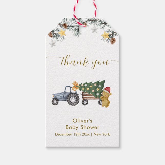 Rustic Winter X'mas Tree Tractor Bear Baby Shower Presentetikett (Framsidan)