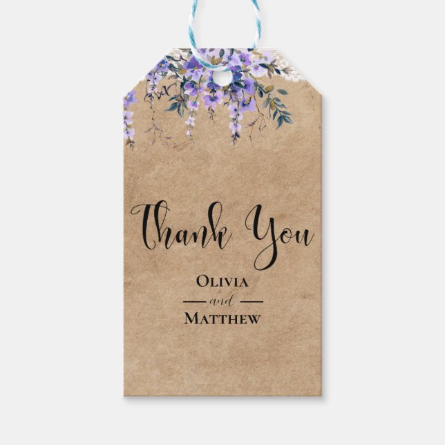 Rustic Wisteria Blommigt Snöre Bröllop Tack Presentetikett (Framsidan)