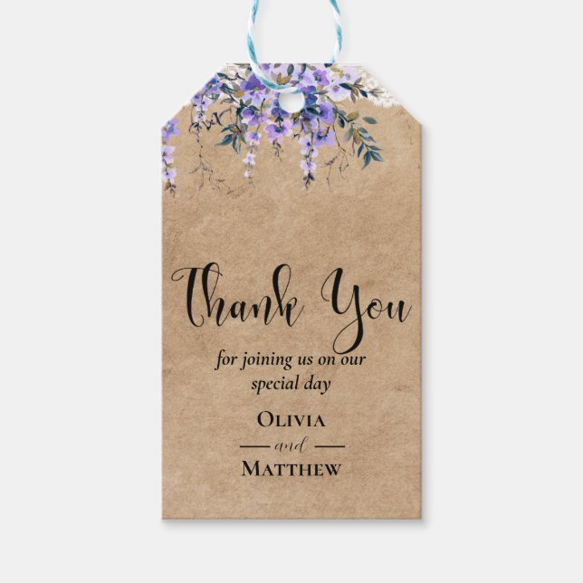 Rustic Wisteria Blommigt Snöre Bröllop Tack Presentetikett (Framsidan)