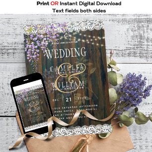 Rustic Wisteria Wood Print eller Digital Bröllop Inbjudningar