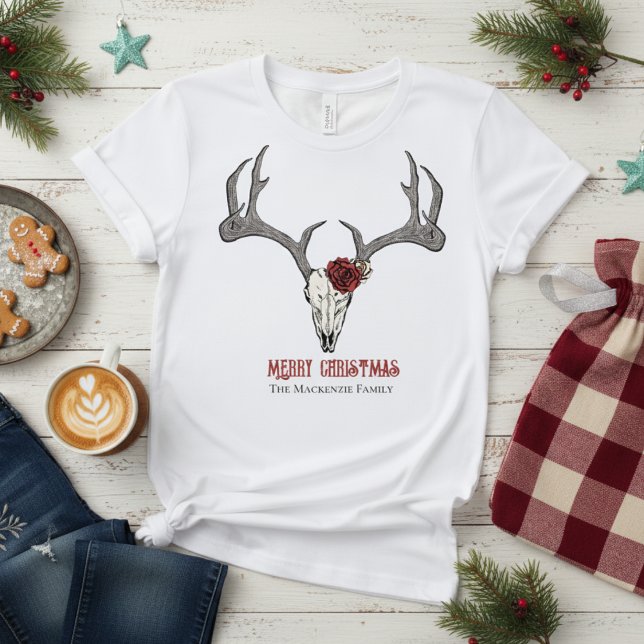 Rustic Women's Hjort Head Reindeer Skull Antlers T Shirt (Country Christmas Womens T-Shirt. Rustic Merry Christmas Floral Reindeer Skull Antlers Illustration)