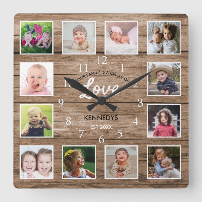Rustic Wood 12 Photo Collage Family Kärlek Quote Fyrkantig Klocka (Framsida)