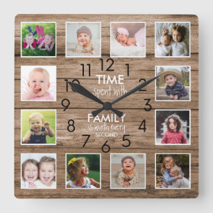 Rustic Wood 12 Photo Collage Family Time Quote Fyrkantig Klocka