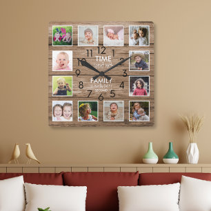 Rustic Wood 12 Photo Collage Family Time Quote Fyrkantig Klocka