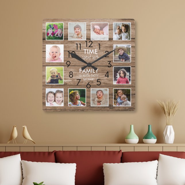 Rustic Wood 12 Photo Collage Family Time Quote Fyrkantig Klocka (Skapare uppladdad)