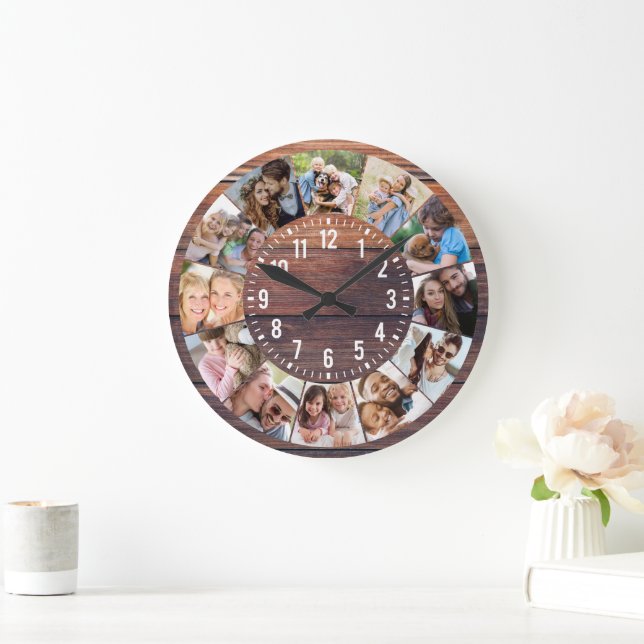 Rustic Wood 12 Photo Collage Stor Klocka (Hem)