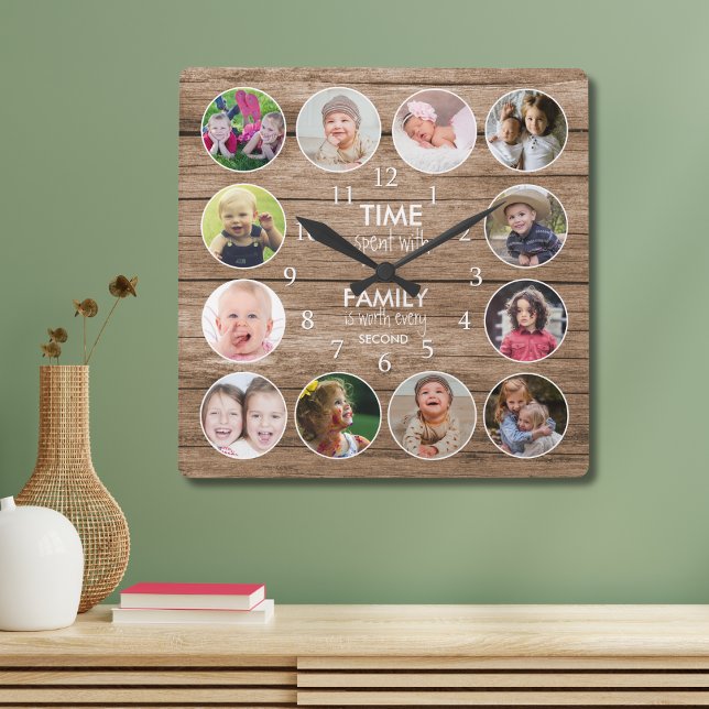 Rustic Wood 12 Photo Round Template Family Quote   Fyrkantig Klocka (Skapare uppladdad)