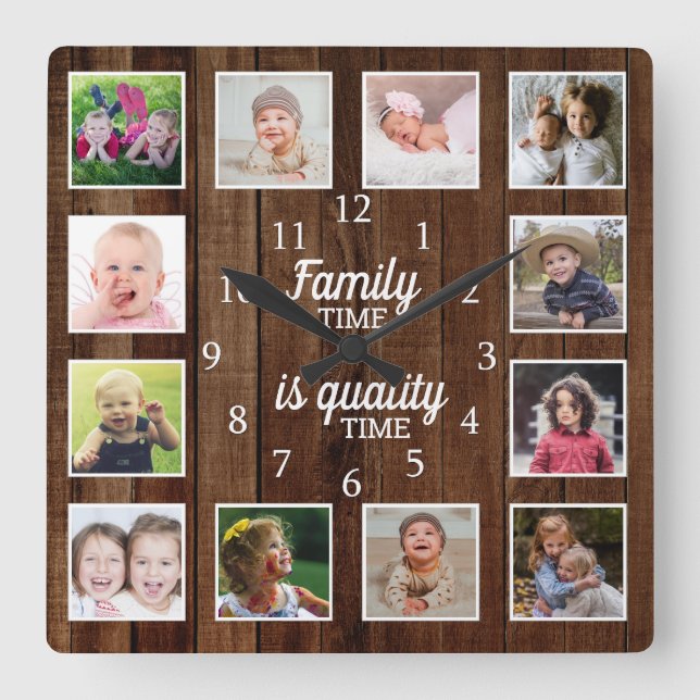 Rustic Wood 12 Photo Template Family Time-offert Fyrkantig Klocka (Framsida)