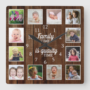 Rustic Wood 12 Photo Template Family Time Quote Fyrkantig Klocka