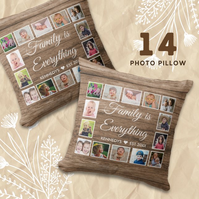 Rustic Wood 14 Photo Collage Family Quote Kudde (14 photo collage pillow)
