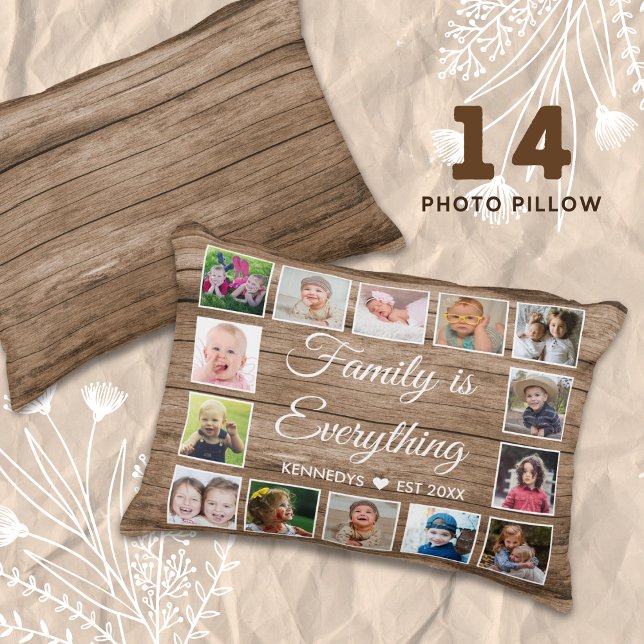 Rustic Wood 14 Photo Collage Family Quote Prydnadskudde (14 photo collage accent pillow)