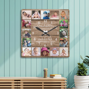 Rustic Wood 16 Photo Collage Grandchildren Quote Fyrkantig Klocka