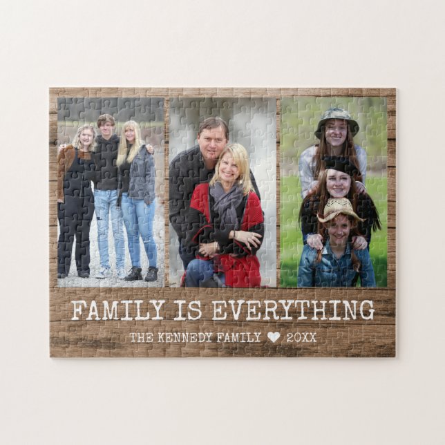 Rustic Wood 3 Photo Collage Family Namn Citote Pussel (Horisontell)