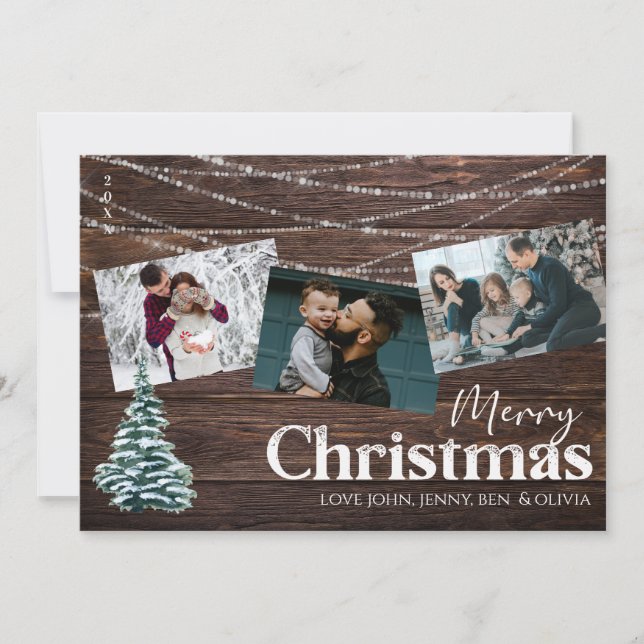 Rustic Wood 3 Photo God jul Card med Träd Inbjudningar (Framsida)