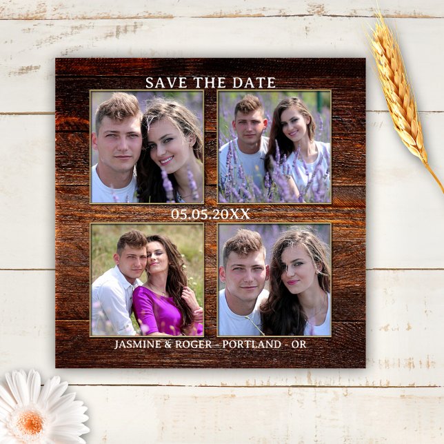 Rustic Wood 4 Anpassningsbar Foton Spara datum mag Magnet (Save the Date magnet featuring your own 4 photos framed by a rustic wood background.)