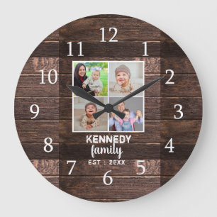 Rustic Wood 4 Family Photo Collage Stor Klocka