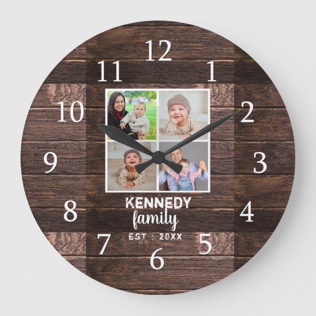 Rustic Wood 4 Family Photo Collage Stor Klocka (Framsida)