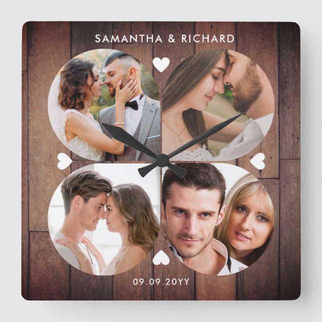  Rustic Wood 4 Photo Collage Bröllop-årsdagen Fyrkantig Klocka (Framsida)