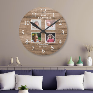 Rustic Wood 4 Photo Collage Family Namn Citote Rund Klocka