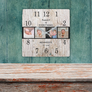 Rustic Wood 4 Photo Collage Family Quote Fyrkantig Klocka