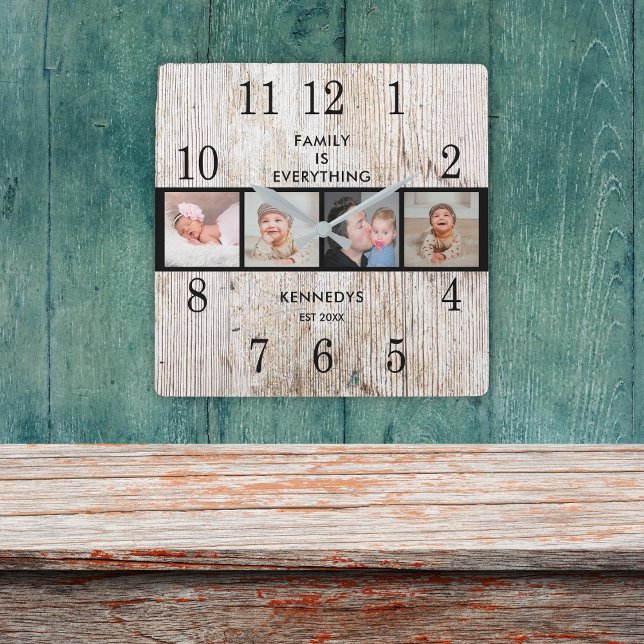 Rustic Wood 4 Photo Collage Family Quote Fyrkantig Klocka (Skapare uppladdad)